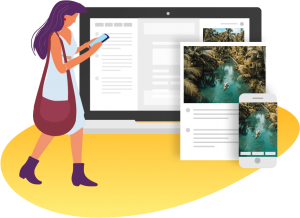 Visual Design of a women accessing her travel itinerary on her phone, with on the background visuals of a desktop, a PDF, and a mobile, Planify, Group Travel Itinerary Solution